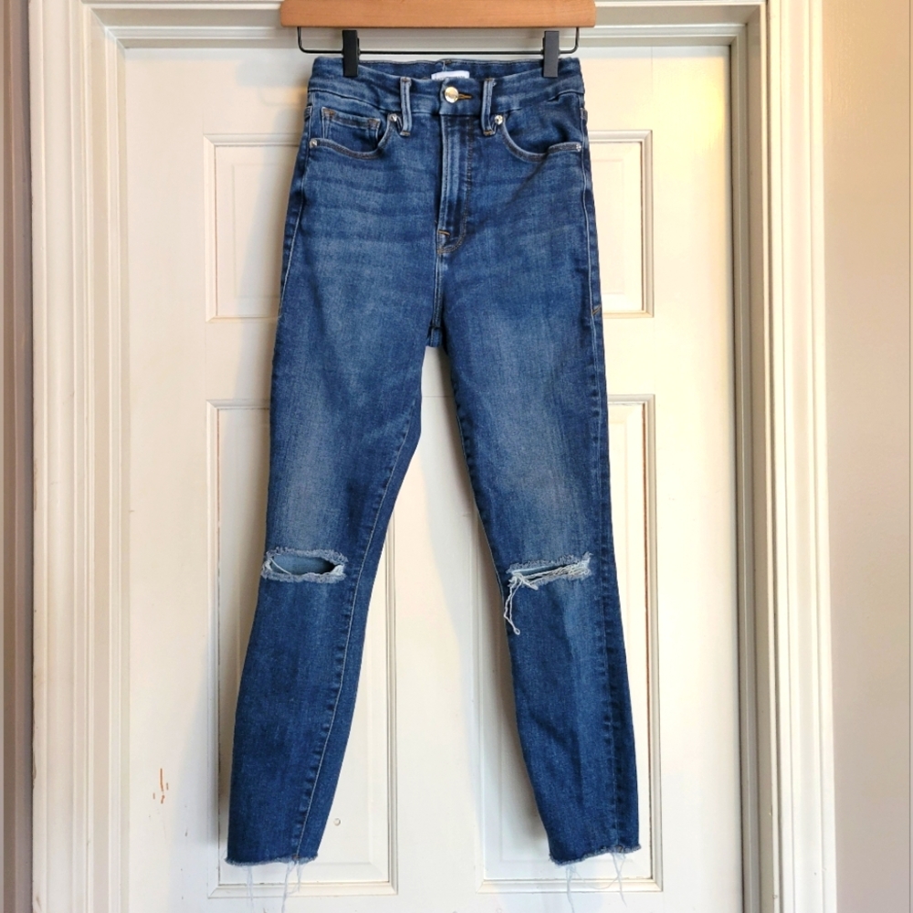 Good American High Rise Crop Jeans Womens 4/27 Raw Edge Distressed Medium Wash